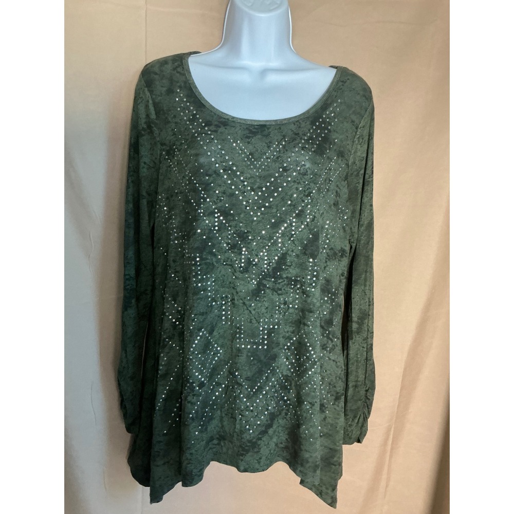 World Unity Tunic Top Women Medium Green Excellent Acid Wash Rhinestone Studs